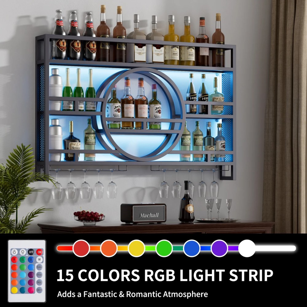 3-Tier Industrial Wine Rack Wall Mounted with LED Light,Floating Bar Shelves with Wine Glass Holder Hanging Liquor Shelf,Wall-Mounted Wine Racks Cabinets for Home Bar No Assembly Required 39 in - Image 7
