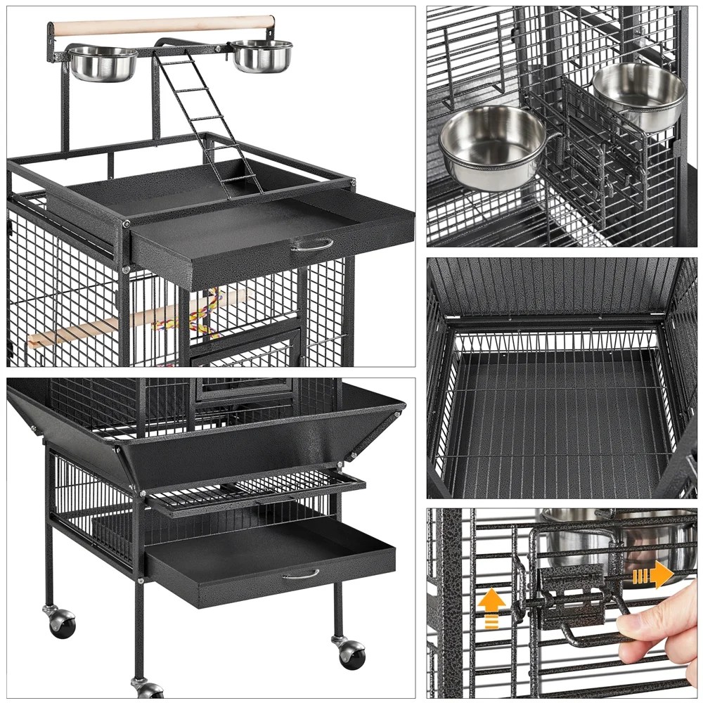 Renwick 61.5" Rolling Metal Bird Cage with Playtop, Black - Image 6