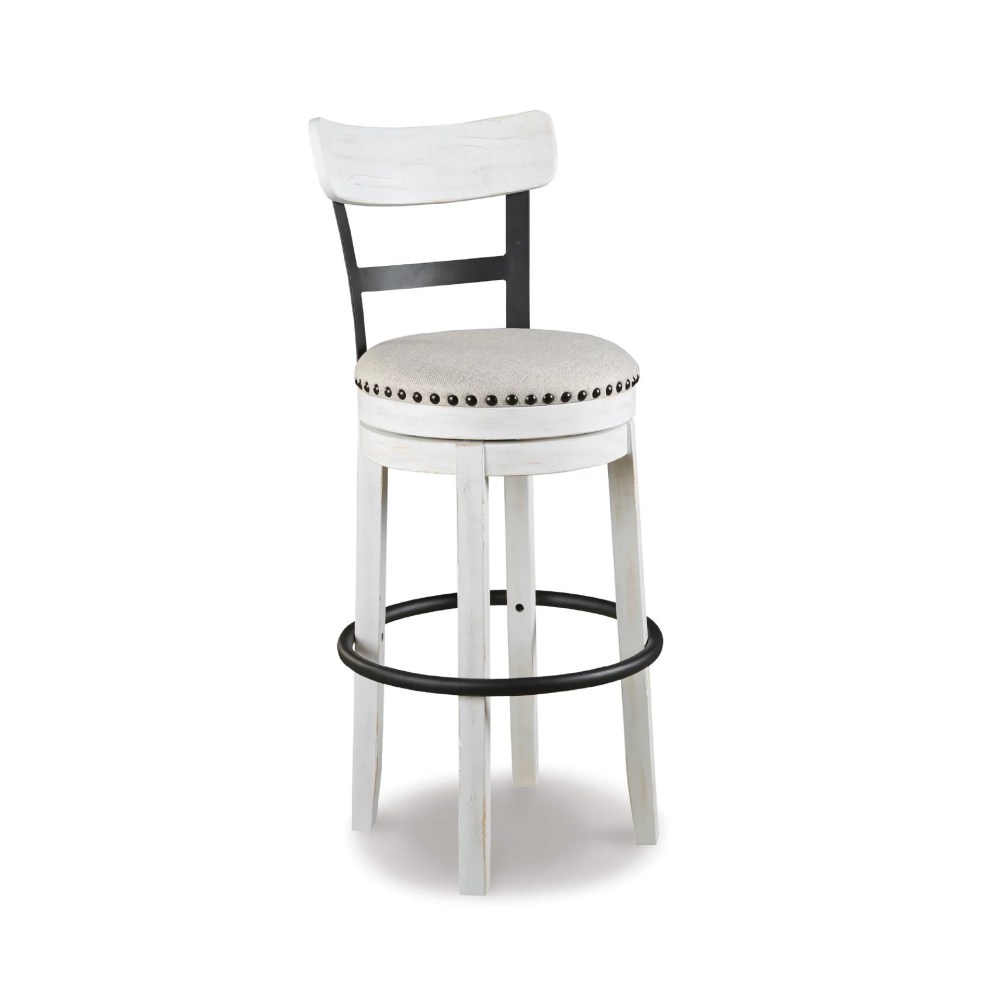 Signature Design by Ashley Valebeck Swivel Bar Stool, White, Upholstered Pub Height Chair with Linen Fabric Seat and 360-Degree Swivel