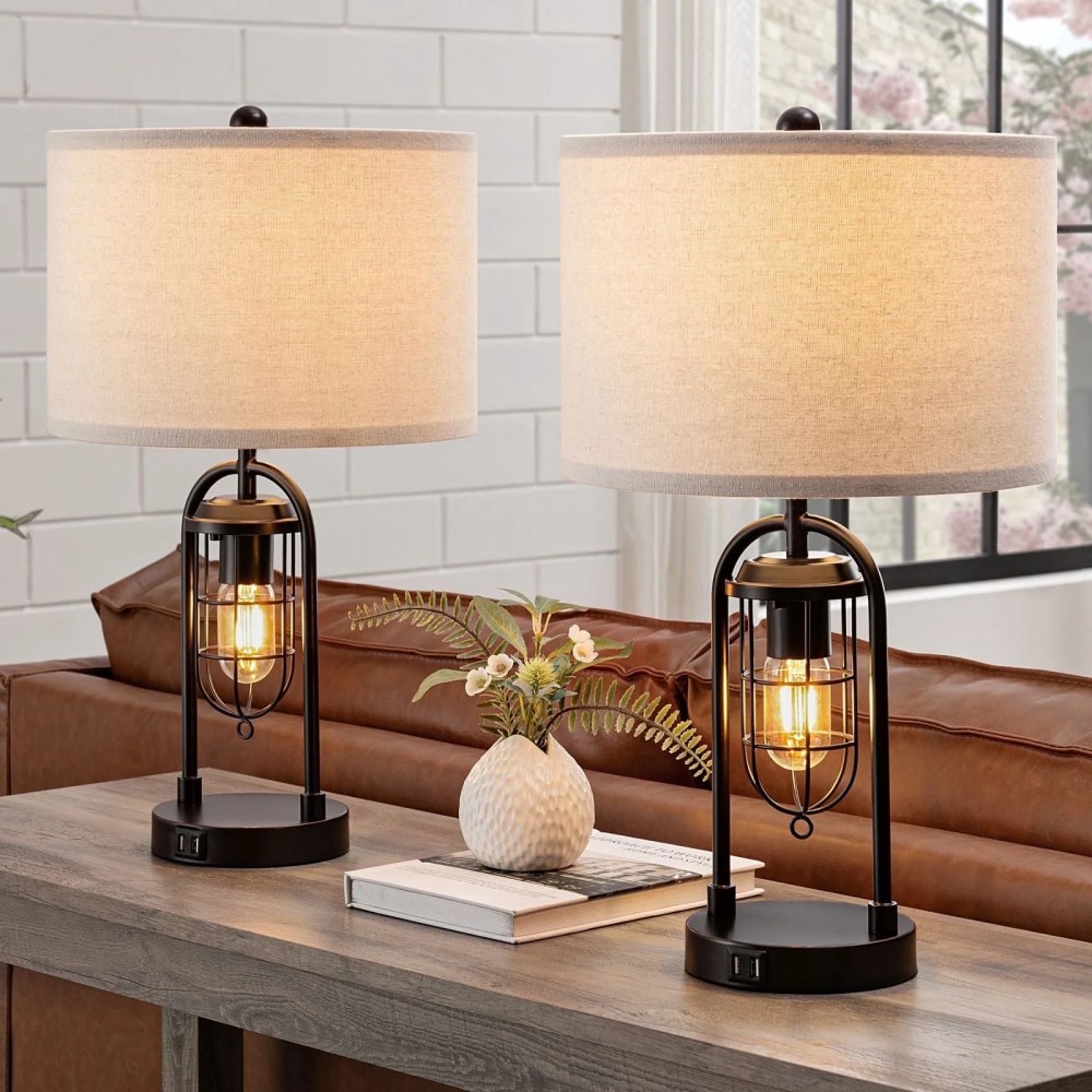 KYRID 21" Table Lamps Set of 2 with USB Port and Night Light,Modern Farmhouse Bedside Table Lamp with White Drum Shade,Painted Bronze Finish (Bulbs Included)