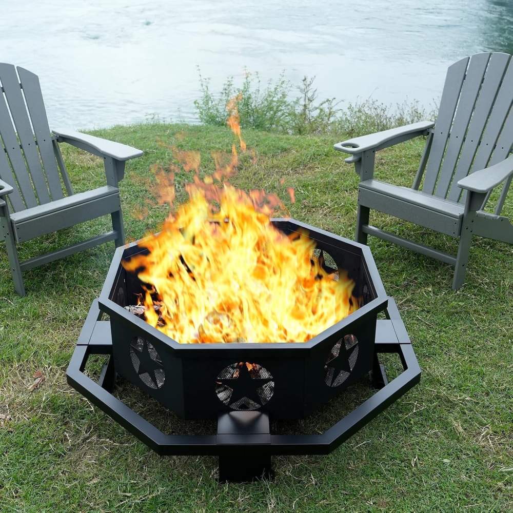 45 inch Extra Large Fire Pit,Outdoor Wood Burning Fire Pit for Outside Octagonal Heavy Duty Firepit for Camping,Backyard,Patio,Black