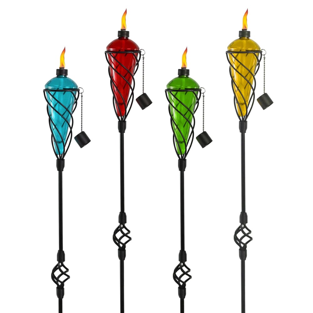 Westcharm 4 Pack 60 Inch Glass Garden Torch Light with Swirling Metal Ground Pole - Burning Citronella Torch Fuel  Outdoor Lighting for Party Patio Pathway Garden Decor - Assorted Colors