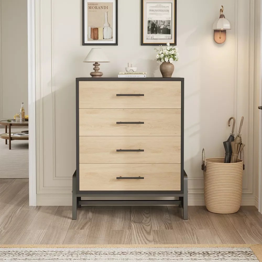 4 Dresser for Bedroom Home Living Room 38.6"Tall Chest Built-in Handle Drawers with Storage Freestanding Wooden Closet Dresser for Bedroom natural oak black