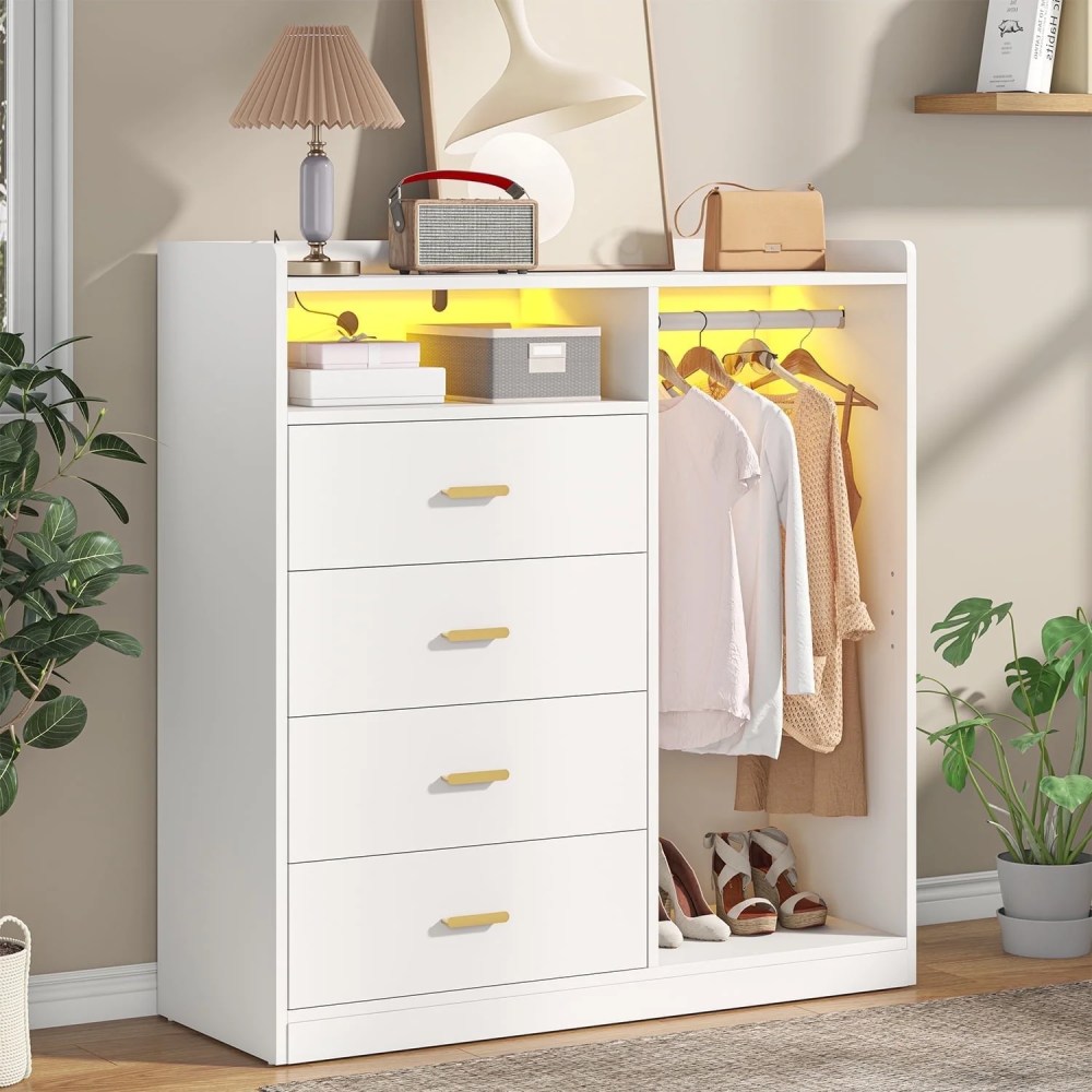Winkalon 4 Drawer Dresser with Clothing Rack and LED Lights, Modern LED Dresser for Bedroom, White