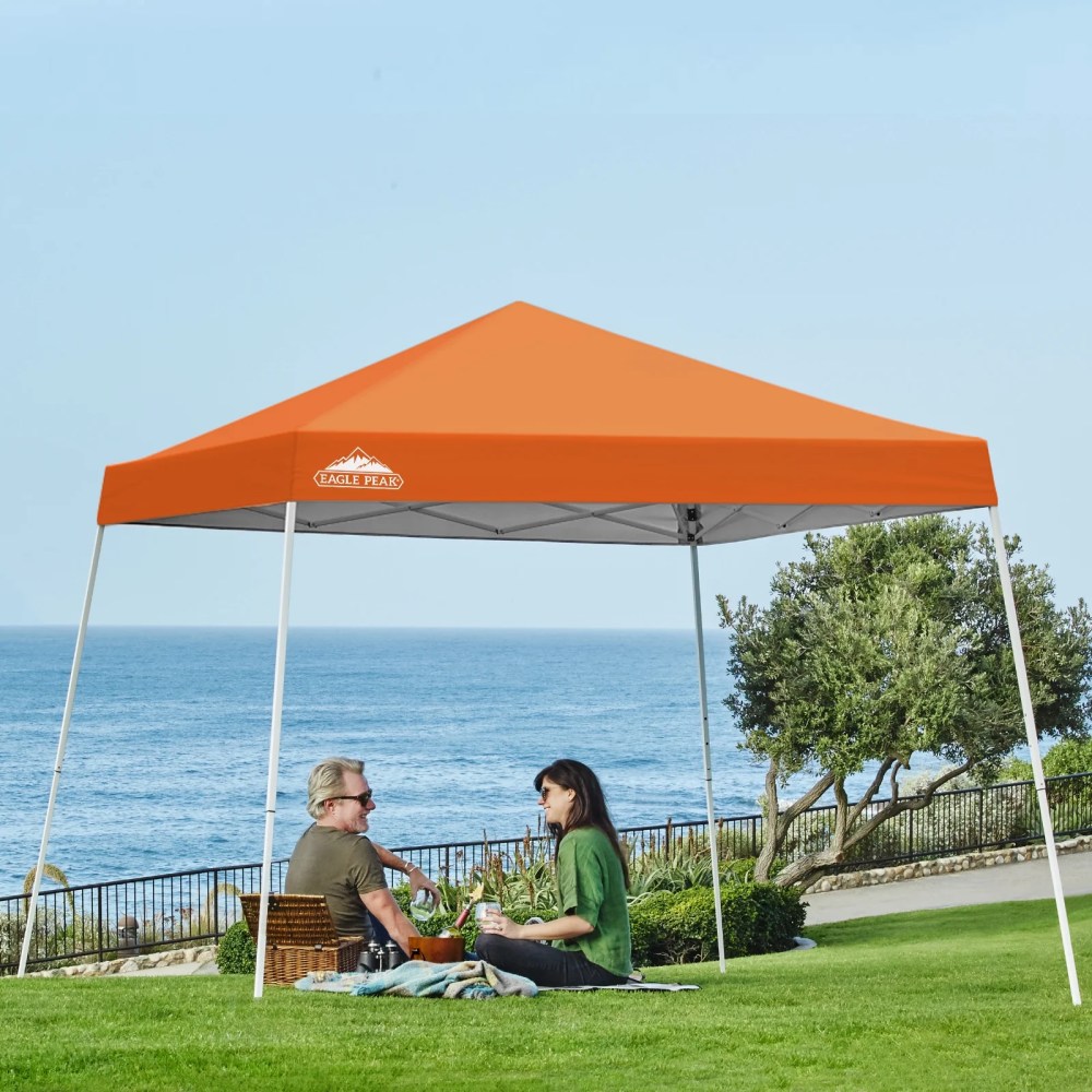EAGLE PEAK 1010 Slant Leg Pop Up Canopy Tent Easy One Person Setup Instant Outdoor Beach Canopy Folding Portable Sports Shelter 1010 Base 88 Top(Orange)