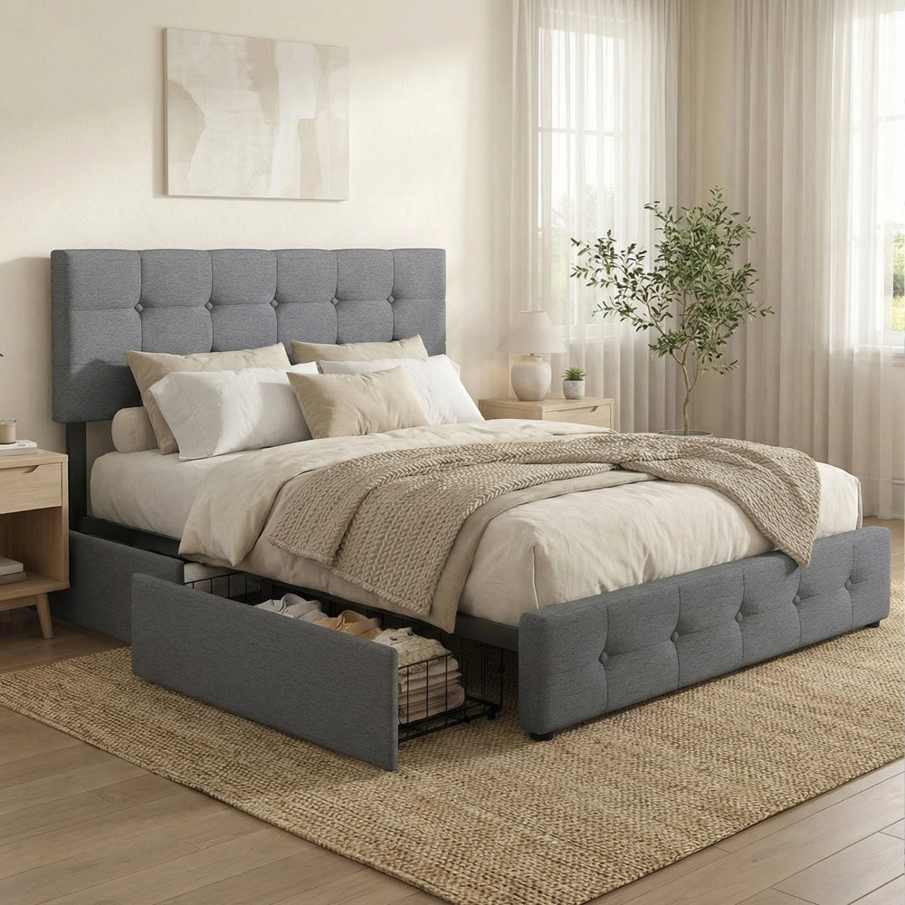 edx Queen Bed Frame with 4 Drawers & Velvet Upholstered Headboard,Platform Bed with Storage & Solid Wood Support,No Box Spring,Gray