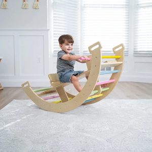 Avenlur BAILIS Seesaw Rocker Climber Arch with Handles and Built in Seat for Toddlers - Montessori Waldorf Style Wooden Colorful Rainbow Arch Climbing Play Structure for Kids (Colored Bars)