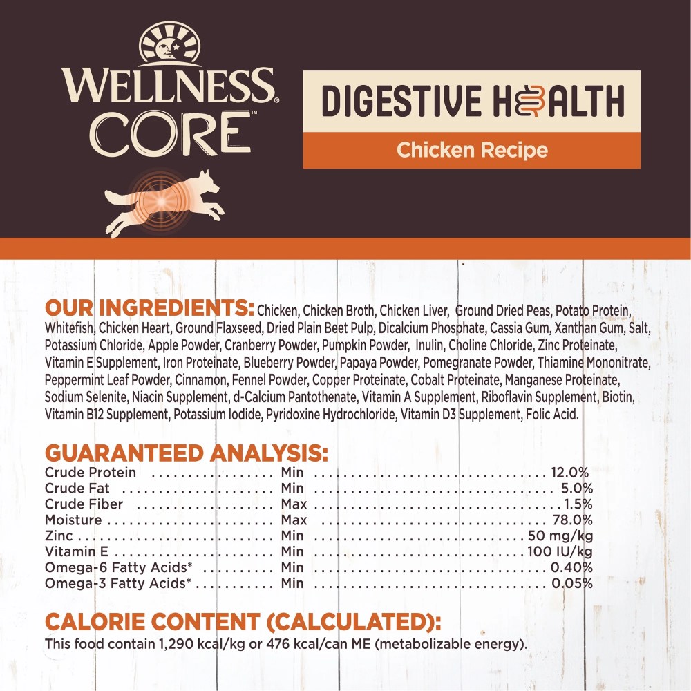 Wellness CORE Digestive Health Pate Adult Canned Wet Dog Food, Grain Free, Sensitive Stomach, Natural, Chicken Recipe, 13 oz, Pack of 12 Cans - Image 5