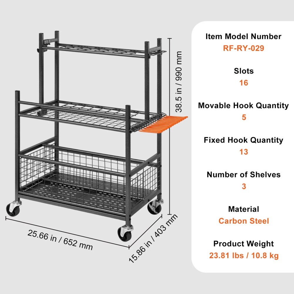 KFFKFF Garden Tool Storage Rack with Wheels Garage Organizer 16 Slots with Hooks - Image 2