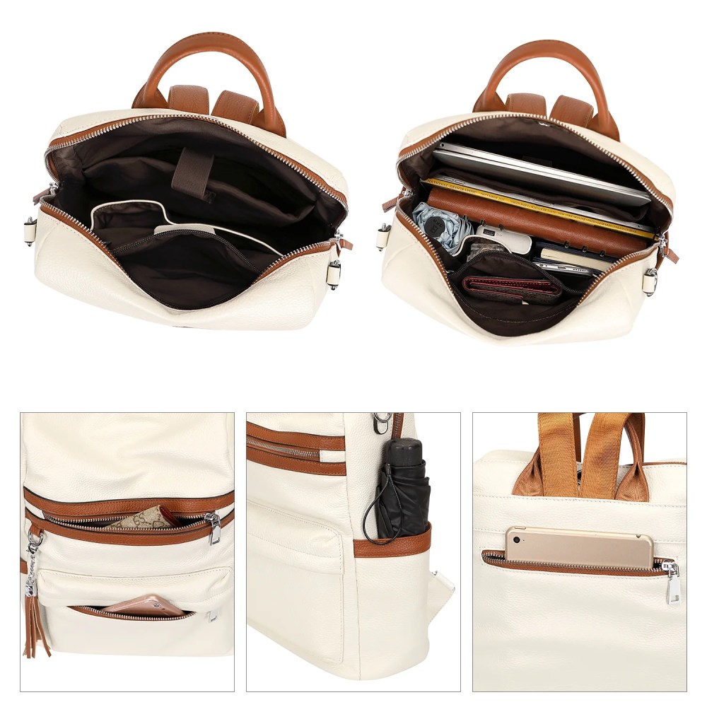 ALTOSY Genuine Leather Backpack Purse Elegant Convertible Shoulder Bag for Women S108 Beige/Brown - Image 6