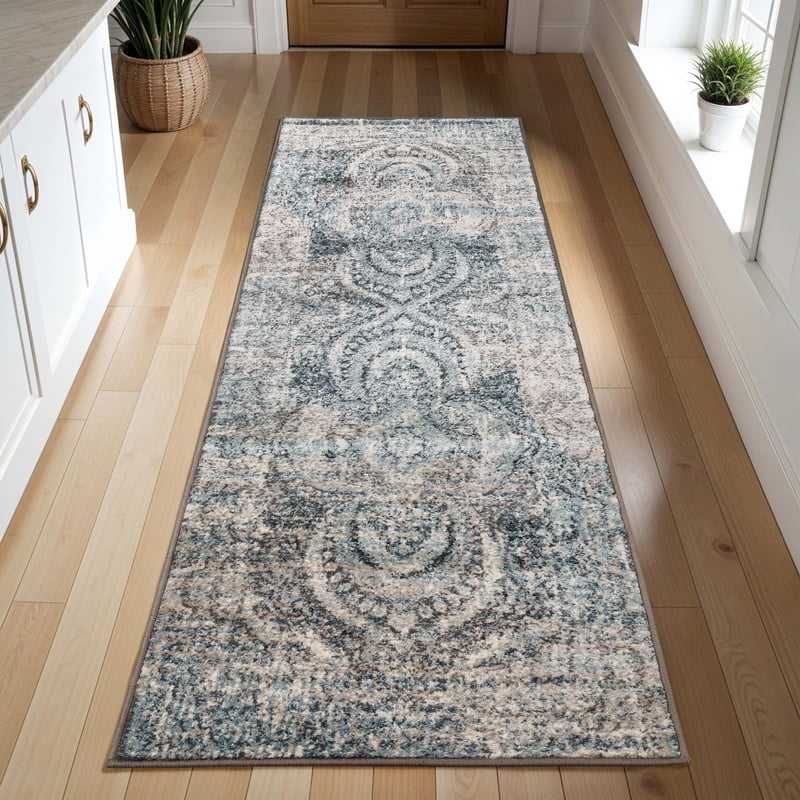 Superior Salford Medallion Indoor Runner Rug, 2" 7" x 8", Blue-Beige