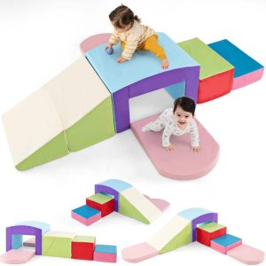 OLAKIDS Climbing Toys for Toddlers, 7 Piece Indoor Baby Foam Blocks Soft Play Set with PU Leather, Kids Climb and Crawl Sliding Activity Structure Gym Playground Climber