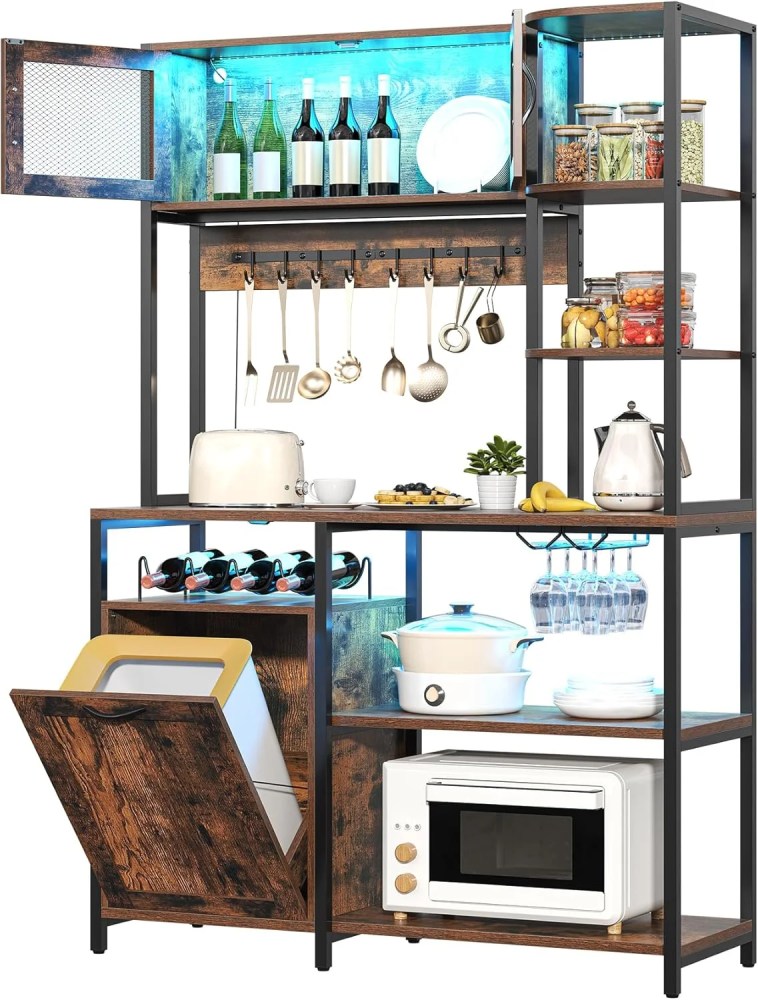 Winkalon 42.5" Wide Large Bakers Rack with Power Outlets,6 Tiers Coffee Bar Table with LED Light,8 Hooks,Microwave Stand Kitchen Storage Shelf,Rustic Brown - Image 2