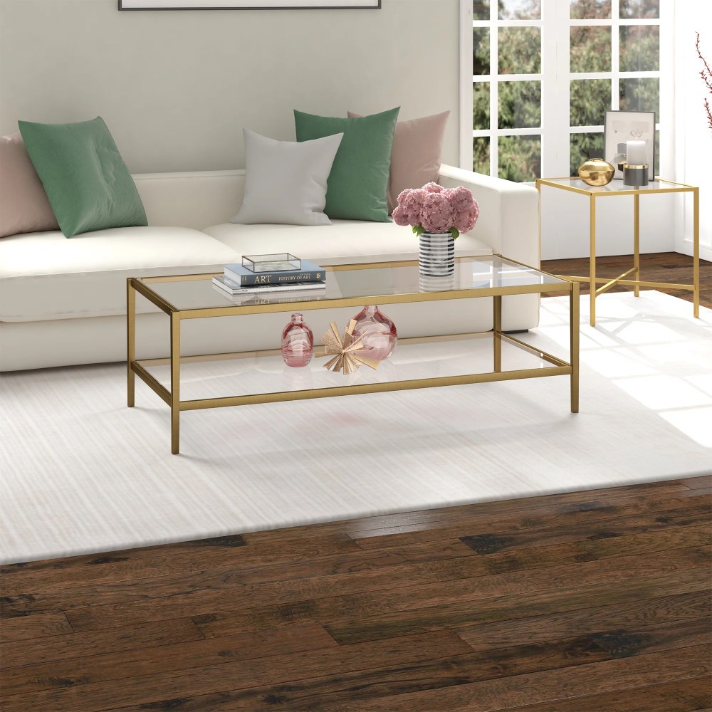 Evelyn&Zoe Hera 54" Wide Rectangular Coffee Table with Glass Shelf, Antique Brass - Image 5