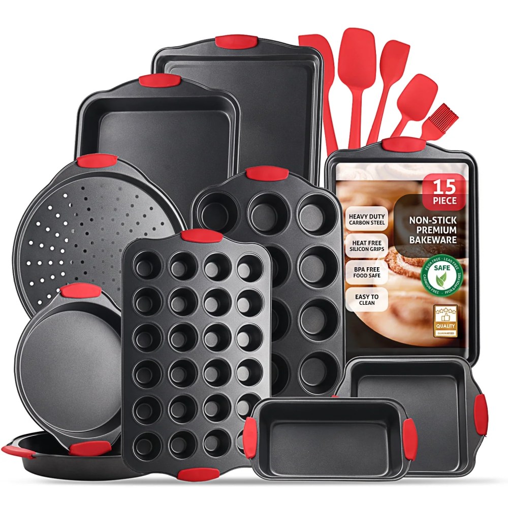 Virtu Bakeware Sets,15 PC Nonstick Baking Pan Set - Carbon Steel Baking Set with Silicone Handles Including Baking Sheet,Cookie Sheet,Muffin Pan Sheet - Black