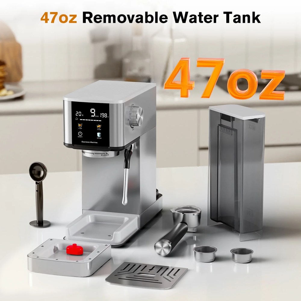 Auseo 20 Bar Coffee Maker with Color Touchscreen,Espresso Machine with Milk Frother Steam Wand,1.4L Removable Water Tank,Capsules Compatible & Ground Coffee,Silver. - Image 3