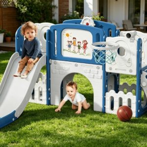 YUFU 9-in-1 Toddler Slide for Kids Age 1-3 with Drawing Board Baskeball Indoor and Outdoor Playset, Blue Gray