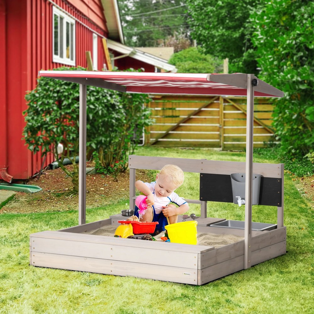 Outsunny Kids Sandbox with Canopy Adjustable,  Wooden Sandbox Backyard Toy