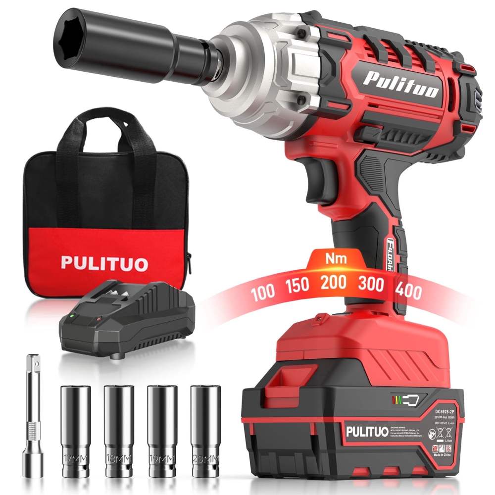 20V Cordless Impact Wrench 1/2",400N.m High Torque,2300 RPM,3.0Ah Battery & Fast Charger,4 Sockets,LED Light,5 Modes-Electric Impact Gun for Truck Tires(Red)