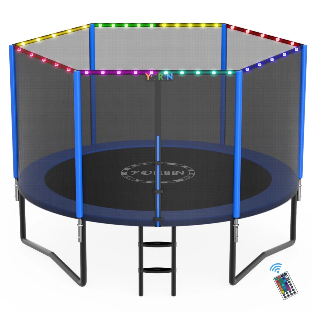 YORIN Trampoline for 2-3 Kids, 8FT 10FT 14FT 12FT Trampoline for Adults with Enclosure Net, Ladder, Light, 800LBS Weight Capacity Outdoor Round Recreational Trampoline, Heavy Duty Trampoline