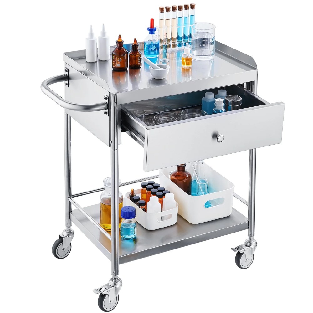 VEVOR 2-Tier Lab Cart Stainless Steel Cart Utility Rolling Cart Mobile Lab Utility Cart with A Drawer & 3 Shelves 220 lbs Catering Dental Utility Cart Dolly Restaurant 28.0" x 16.6" x 30.9"