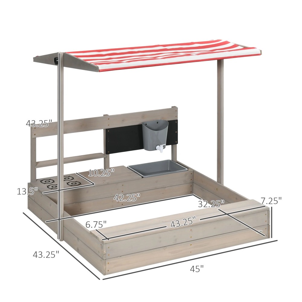 Outsunny Kids Sandbox with Canopy Adjustable, Wooden Sandbox Backyard Toy - Image 9