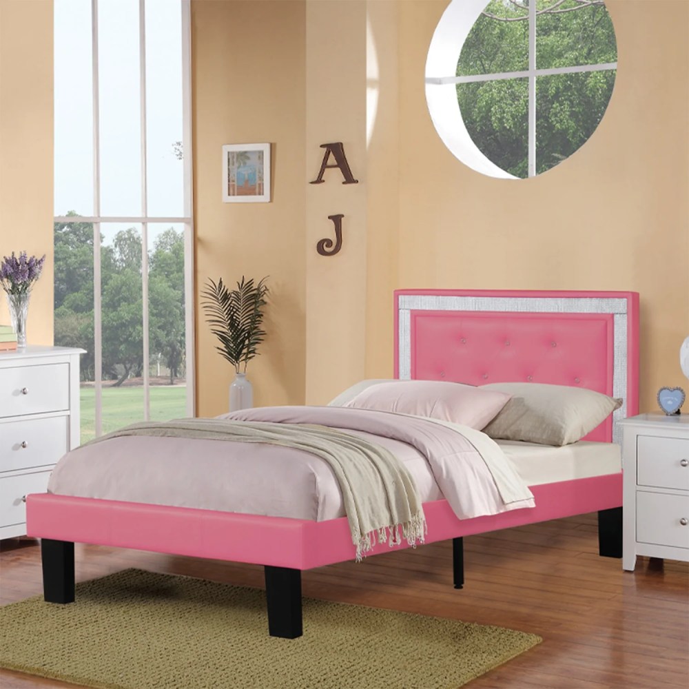 Poundex Twin Size Bed In High Glitter Headboard In Pink