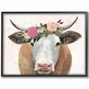 Stupell Industries Springtime Flower Crown Farm Cow with Horns Framed Wall Art by Victoria Borges