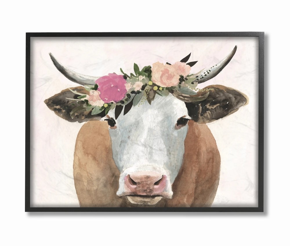 Stupell Industries Springtime Flower Crown Farm Cow with Horns Framed Wall Art by Victoria Borges