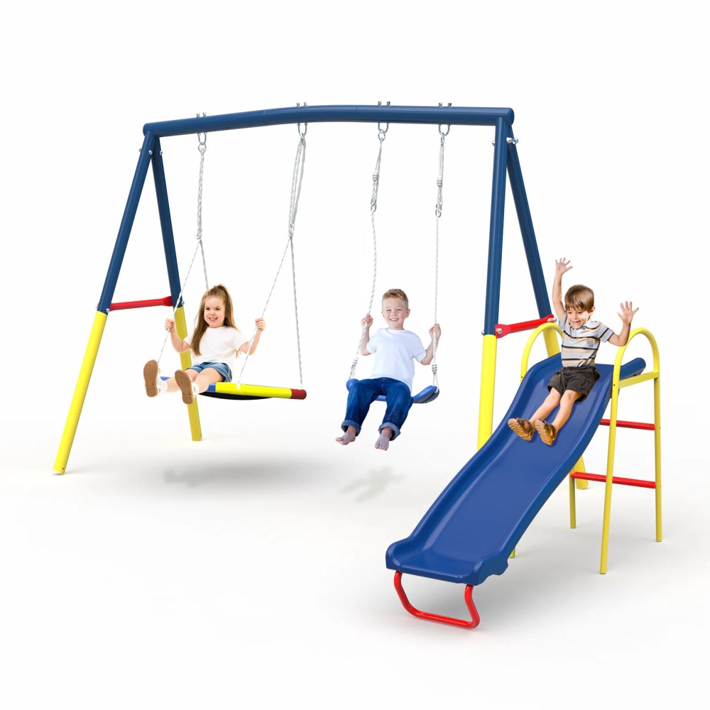 Aukfa Amictoy 3-in-1 Swing Set, Heavy-Duty Backyard Swing Set with 32" Saucer Swing, Belt Swing & Slide for Kids, Outdoor Playground, Blue