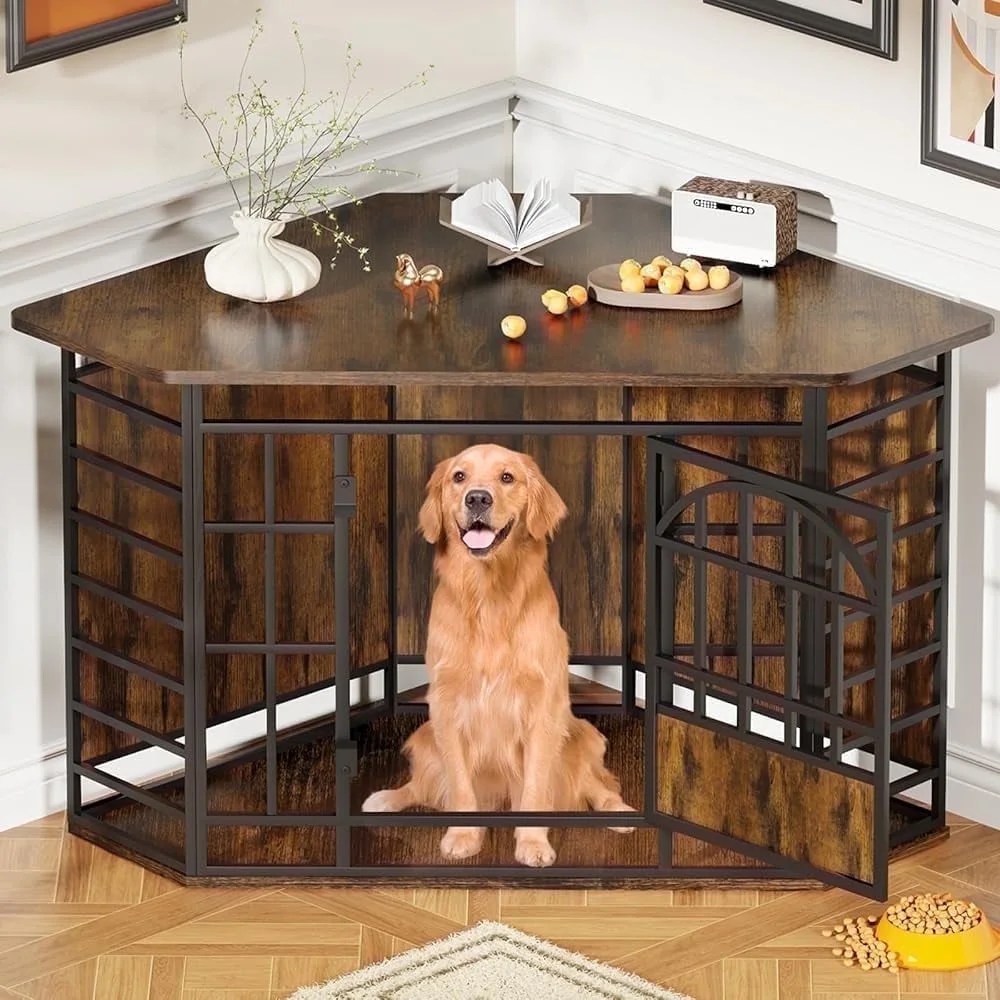 52" Corner Wooden Pet Kennel, Vintage Brown Indoor Furniture for Medium & Large Pets