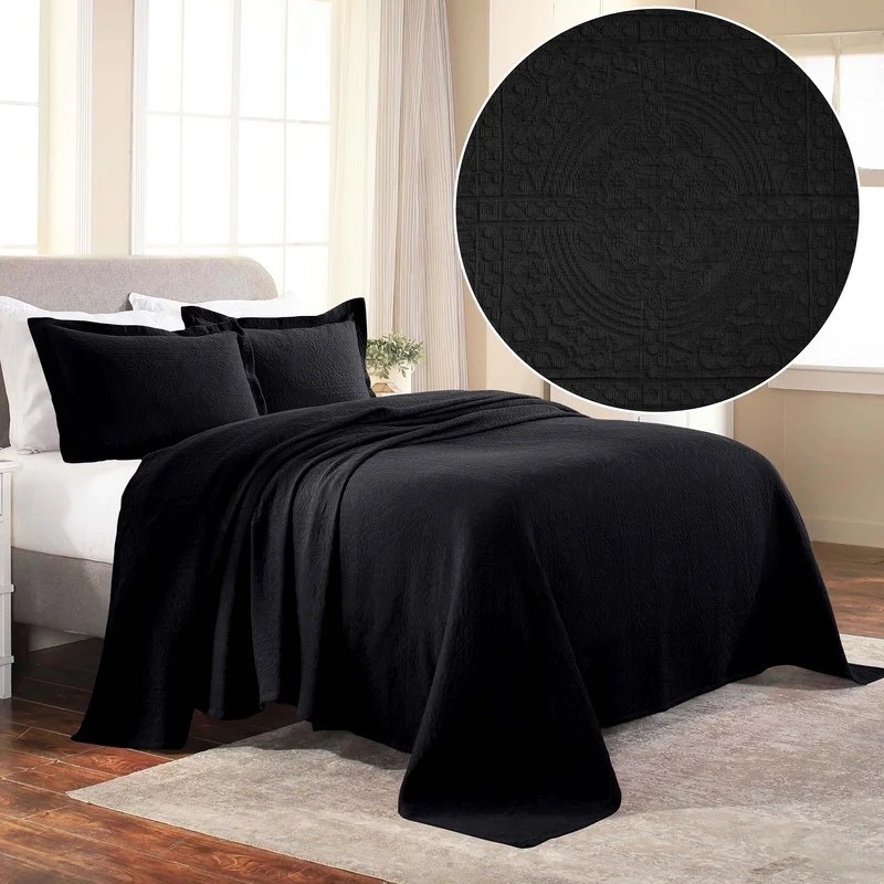 Superior Fleur De Lis Cotton Decorative Bedspread and Sham Set, Full, Black