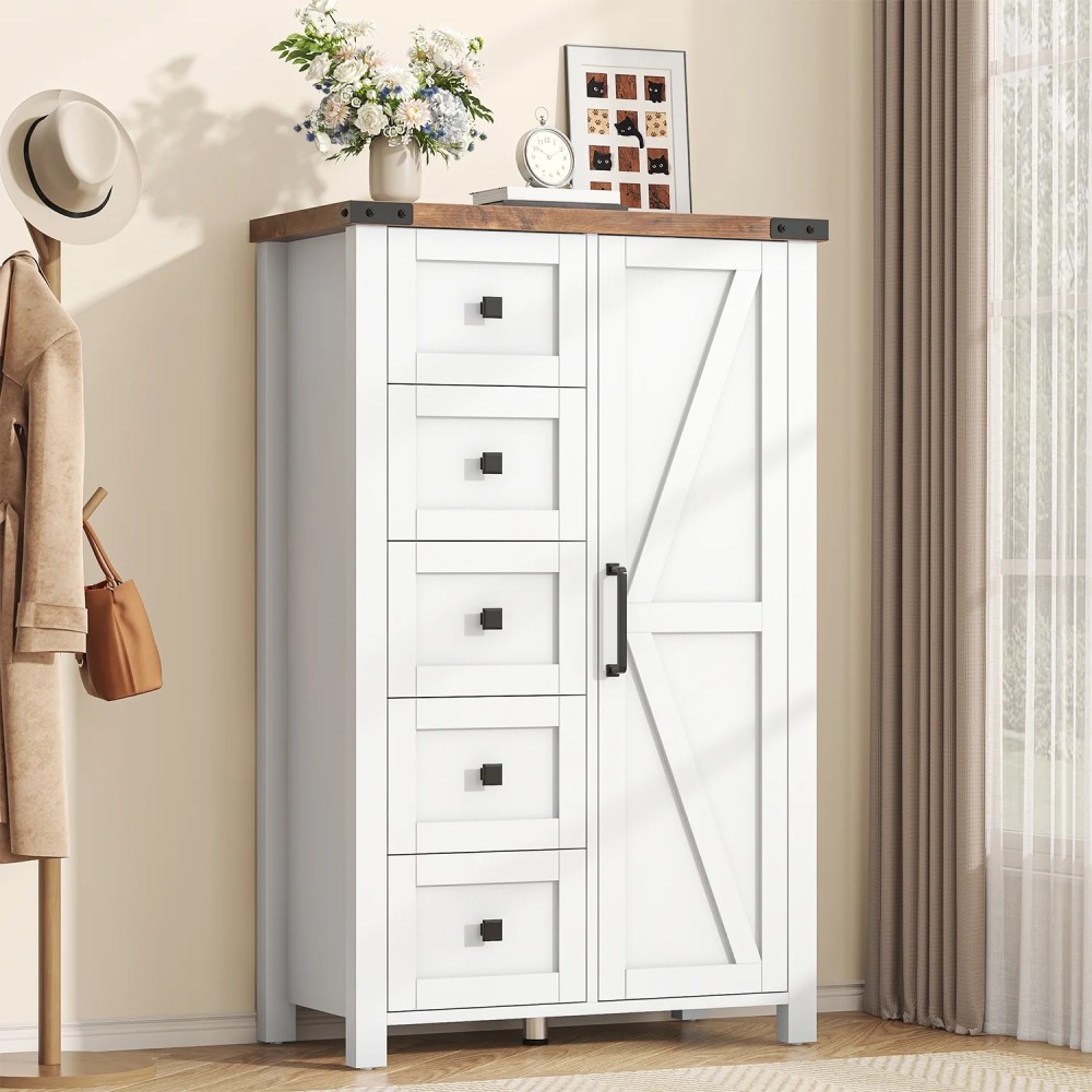 Winkalon 5 Drawers Dresser Chests for Home Bedroom,Farmhouse Wood Rustic Tall Chest of Drawers,Pull Storage Cabinet, White