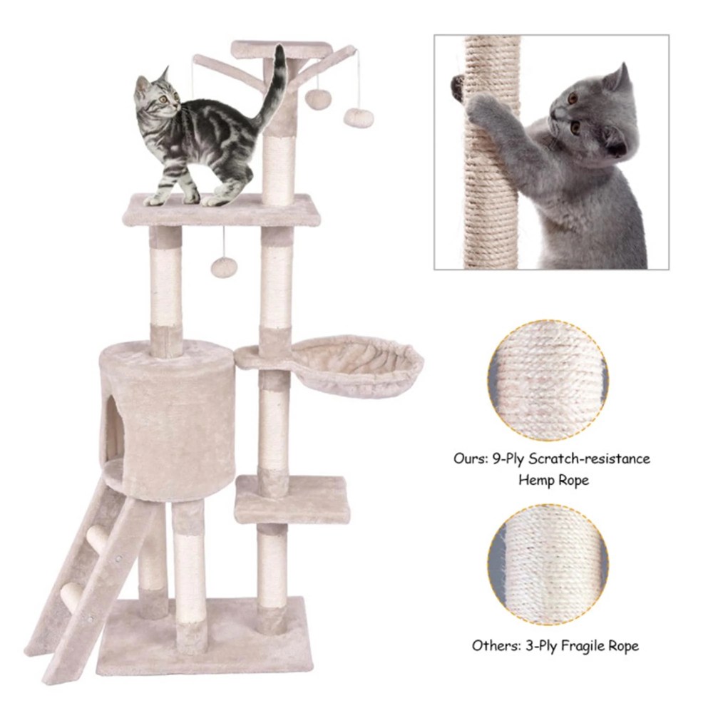 Pefilos 56" Cat Tree Tower for Indoor Cats with Ladder, Scratching Posts Cat Condo for Multiple Cats Jump Platform Cat Furniture Activity Center, Beige - Image 5