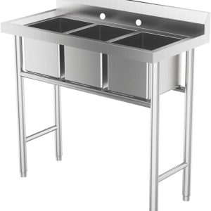 Ktaxon Freestanding 39" 3 Compartment Commercial Stainless Steel Sink,Silver,for Laundry Room,Kitchen