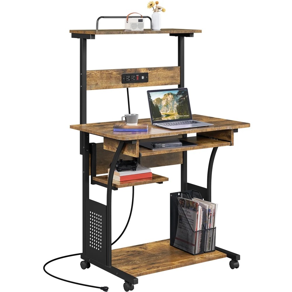 Alden Design 3 Tiers Computer Desk with Charging Station Printer Shelf for Home Office,Rustic Brown