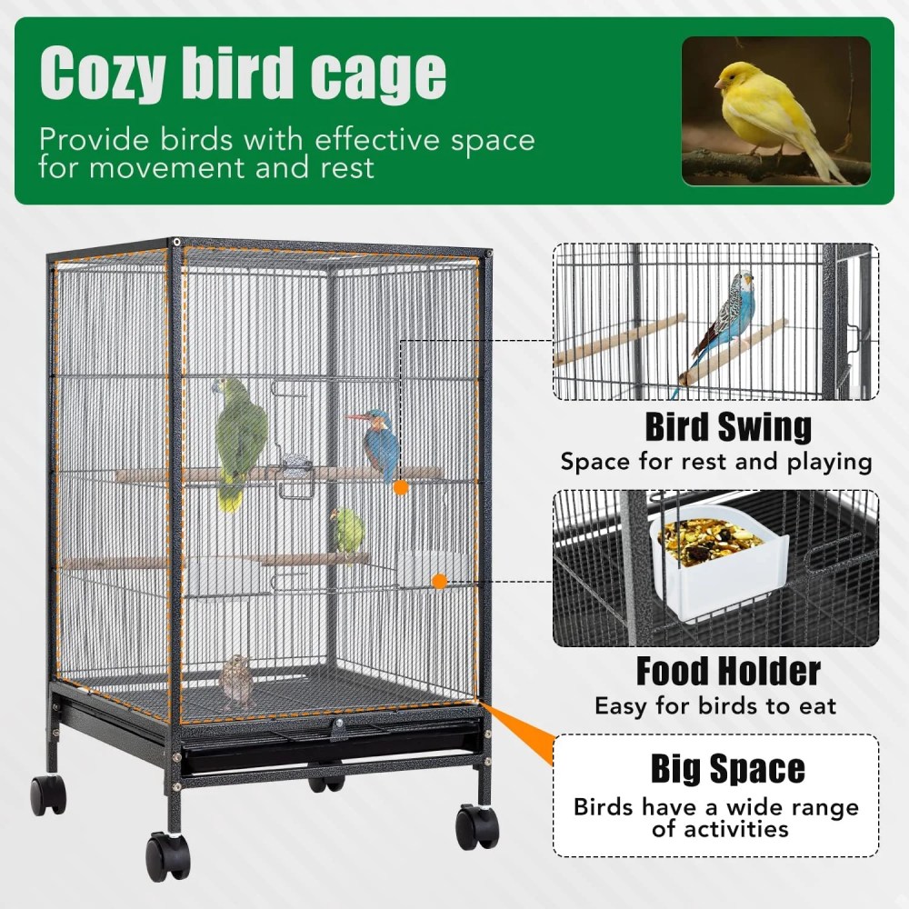CL.HPAHKL 35 inch Bird Cage with Rolling Stand, Metal Birdcage Parakeet Cage for Parakeets Cockatiel Canary Finch Lovebird Parrotlet Pigeons, Black - Image 2