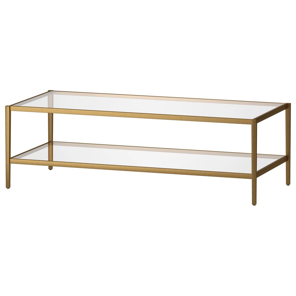 Evelyn&Zoe Hera 54" Wide Rectangular Coffee Table with Glass Shelf, Antique Brass - Image 6