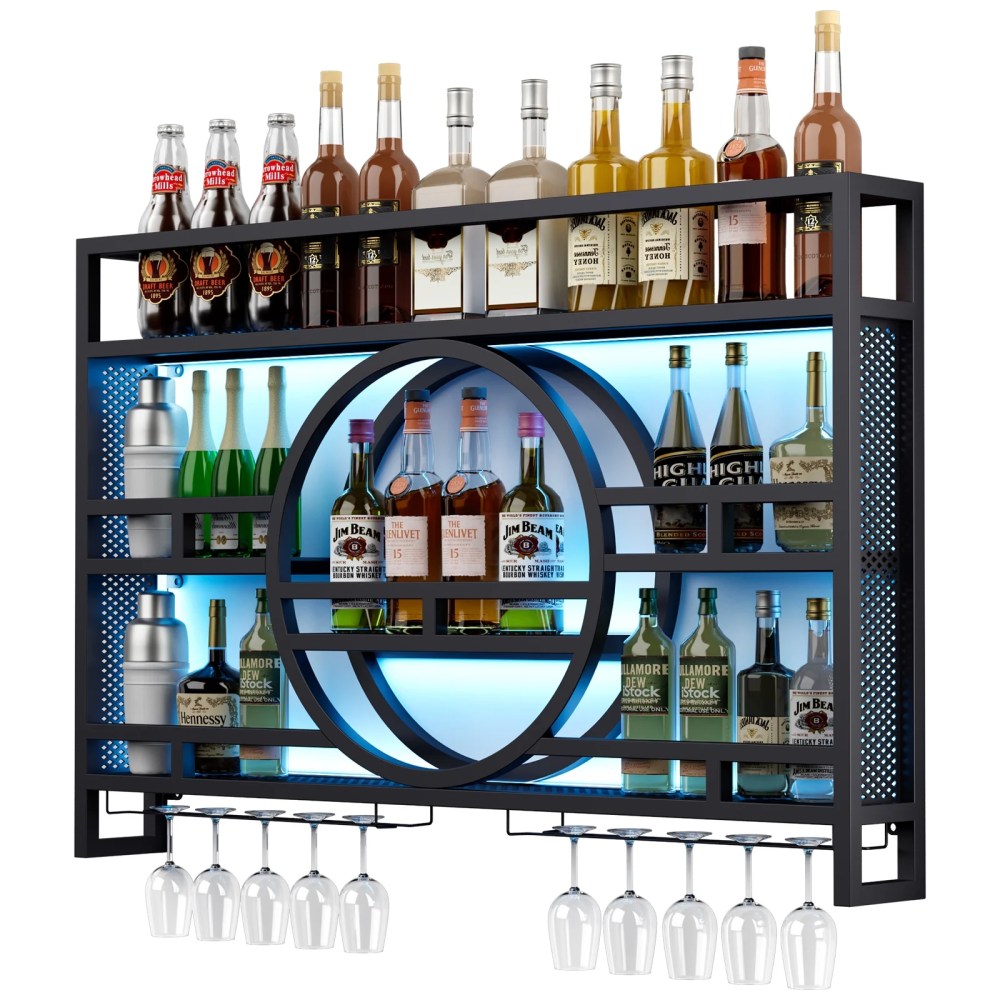 3-Tier Wine Rack Wall Mounted with LED Lights NO ASSEMBLY REQUIRED,39"Floating Bar Shelves with Wine Glass Holder Hanging Liquor Shelf Wall-Mounted Wine Racks Cabinets for Home Bar