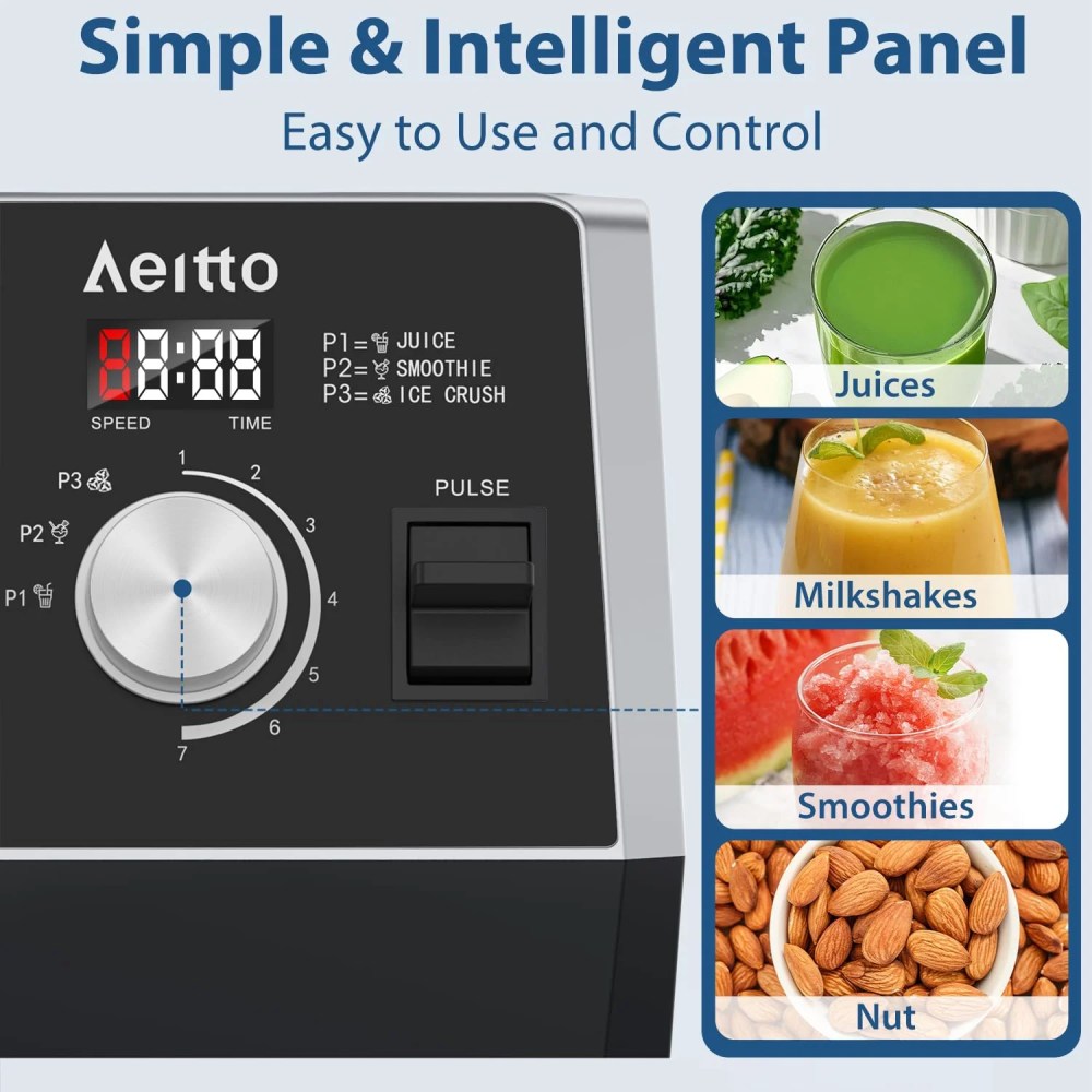 Aeitto Blender for Kitchen, 68oz 1800W Smart Blender for Smoothies withStainless Steel 6-Blade, 7 Preset Programs, Digital Timer & Custom Speed Control - Image 6