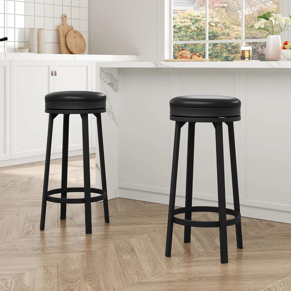 30" Swivel Bar Stools Set of 2,Modern Backless Counter Height Barstools with Footrest,PU Leather Upholstered Seat,Metal Frame,Black