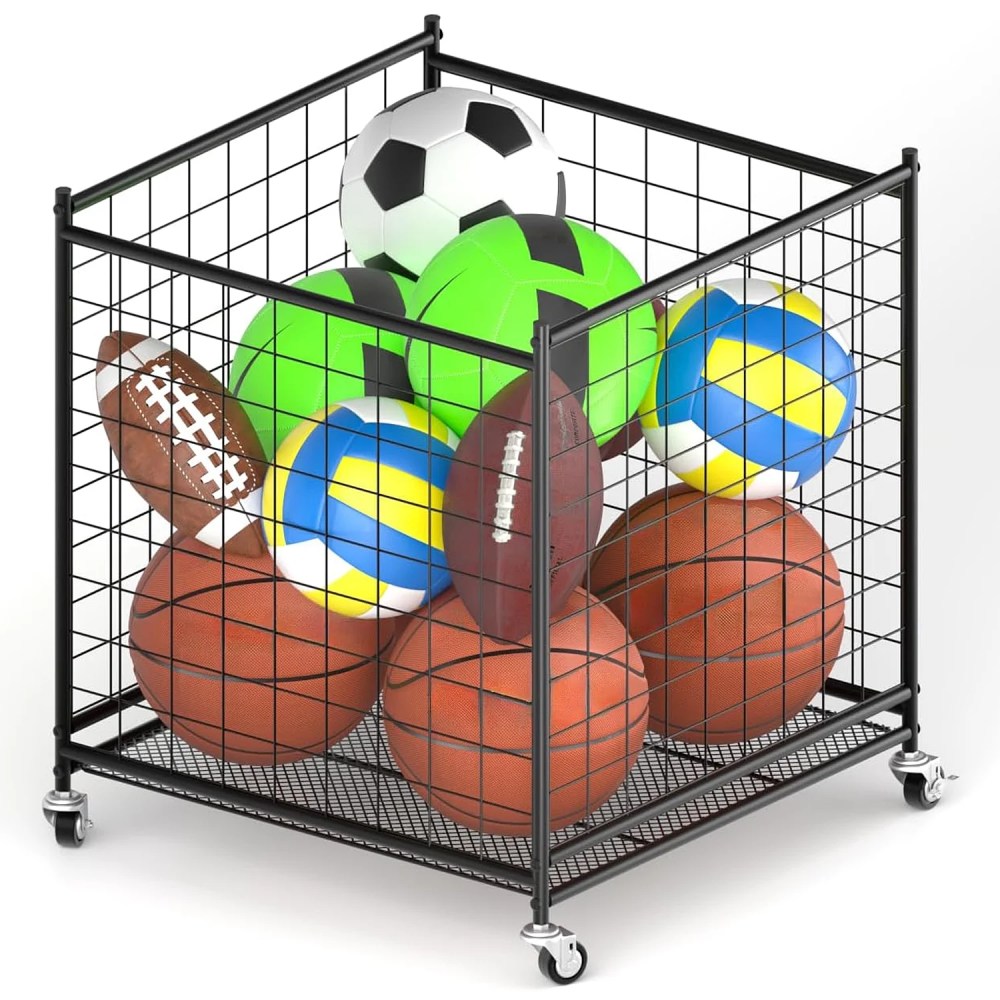 Ztysn Basketball Volleyball Metal Storage Rack Cage Organizer, 22.83" Ball Cart With Wheels Garage Sport Equipment Holder For Indoor Outdoor Playgroup, Club, School