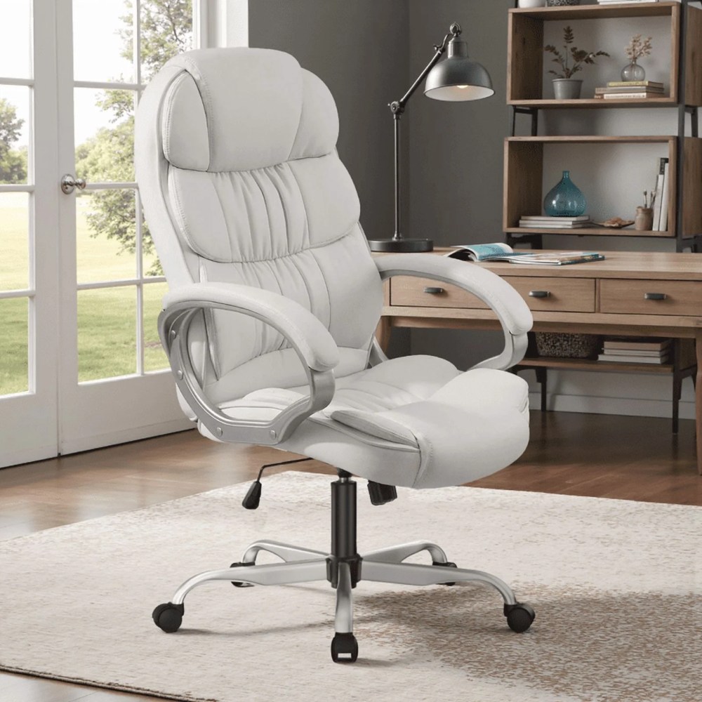 Furmax High Back Office Adjustable Ergonomic Desk Padded Armrests Executive PU Leather Swivel Task Chair with Lumbar Support,White
