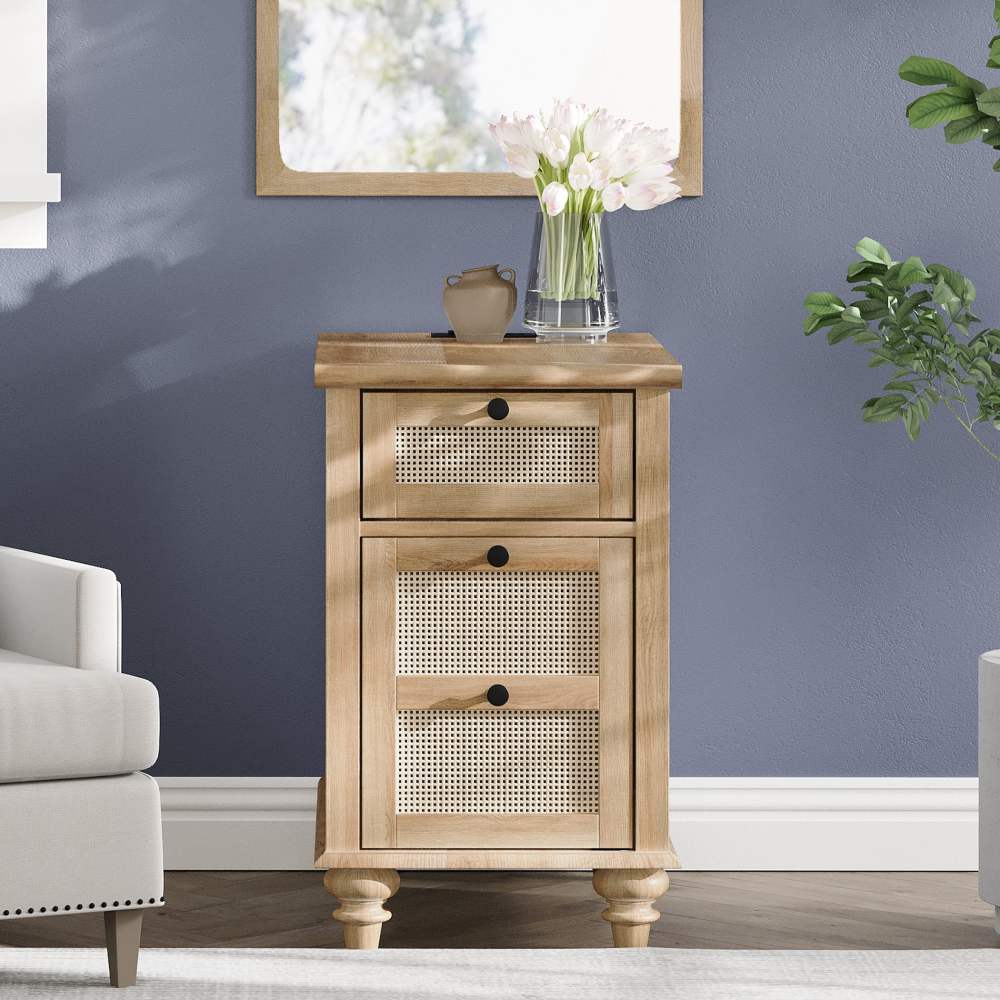 WAMPAT End Table with Charging Station,Wood Side Sofa Table with Drawer and Storage Cabinet,Rattan Weaving Nightstand with Power Outlets & USB Ports for Living Room,Bedroom,Oak