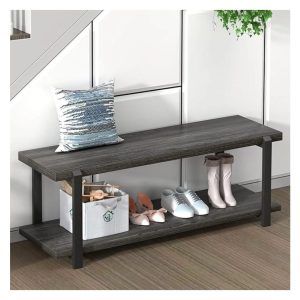 47 Inch Shoe Rack,Rustic Wood & Metal Entryway Bench,Vintage Shoe Storage for Hallway,Dark Gray