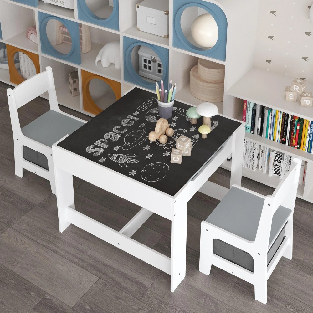 iRerts Kids Table and Chair Set,3 in 1 Wooden Activity Table for Toddlers Arts,Crafts,Drawing,Reading,Playroom,Toddler Table and Chair Set with Removable Tabletop,Storage Drawers,White