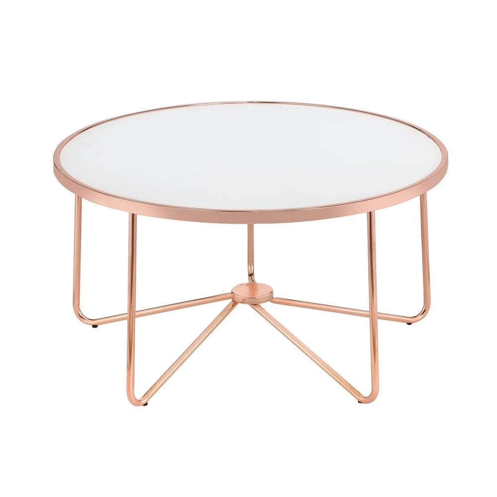 ACME Alivia Coffee Table in White Glass and Rose Gold
