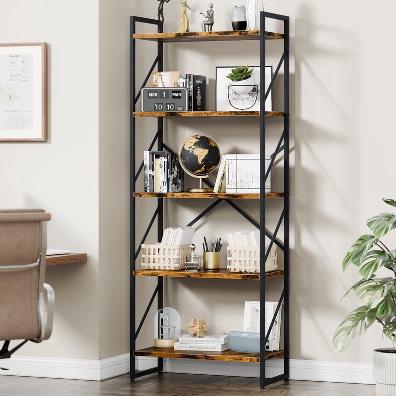 Walsunny Bookshelves Wooden Bookcases 5 Tiers H-Shaped Bookshelf with 5 Open Display Shelves Brown