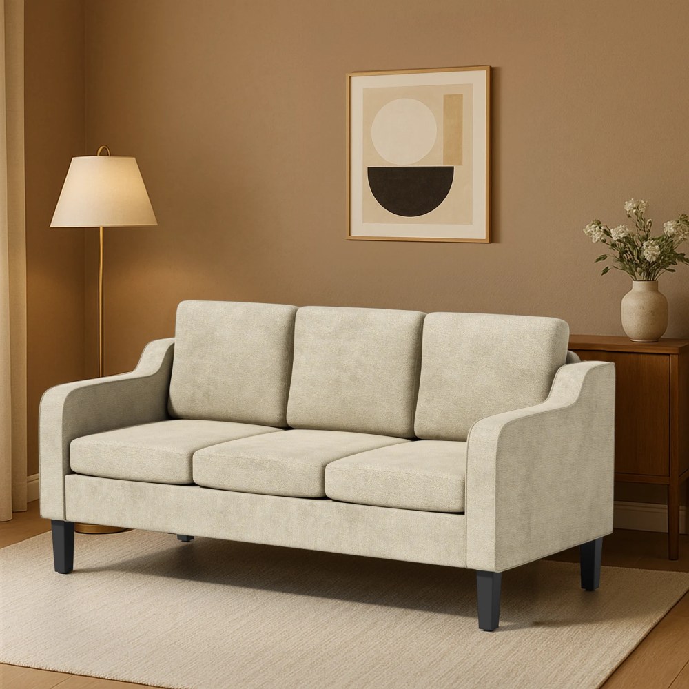 MoNiBloom 64" Apartment Sofa for Small Spaces Modern 3-Seater Couch with Removable Cushions & Wooden Legs Compact Living Room,Bedroom Furniture,Beige