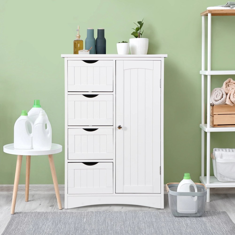 ZENSTYLE Bathroom Floor Cabinet Kitchen Organization 4 Drawers W/3 Tiers Side Space,White
